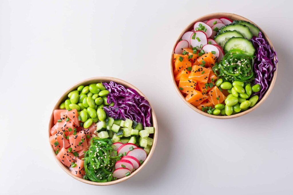Illustrative image providing ideas for various protein choices that can be used in poke bowls.

