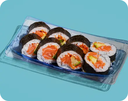 Fresh sushi rolls with salmon and avocado on a blue tray at Poke Bowl, Long Island City.