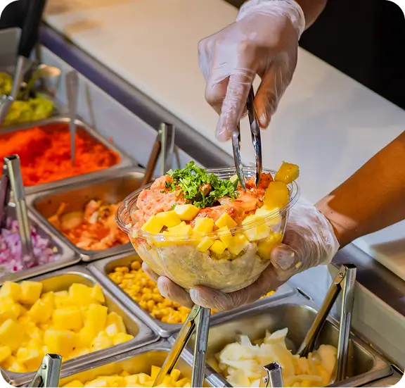 Midtown poke bowl with fresh tofu, edamame, and colorful vegetables at vegetarian-friendly spot.