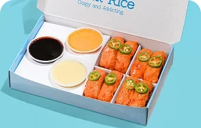 Spicy Salmon Crack Rice sushi rolls with jalapeño and three dipping sauces