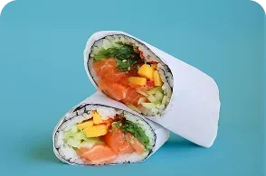 Plenty poke bowl halves with salmon, mango, cucumber and seaweed