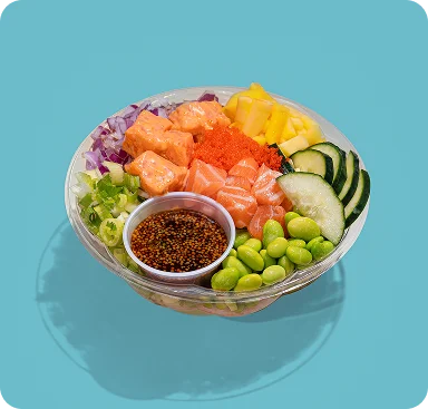 Poke Bowl LIC salmon poke bowl with edamame, mango, sauce; delivery to Sunnyside, Woodside, Astoria