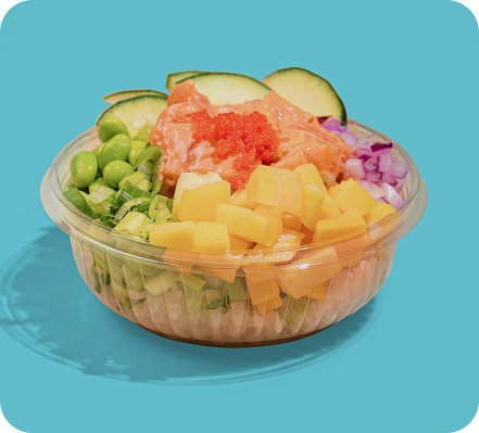 Sushi burrito ingredients bowl: salmon, mango, edamame, cucumber, rice