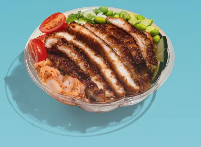 Poke Bowl NY bowl with sliced grilled chicken, edamame, cherry tomatoes