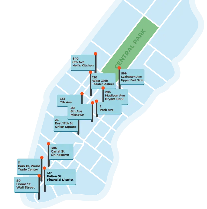 Manhattan map with address pins and neighborhood labels
